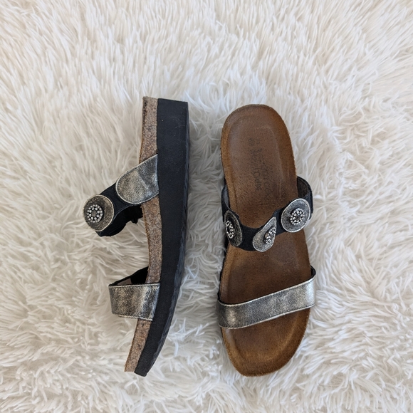 Naot Wedge Slide Sandals Silver Metallic Black Rhinestone Cork Footbed 39 8 - Picture 5 of 7